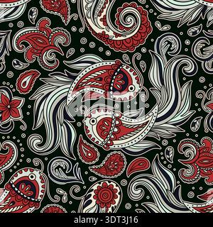 Paisley Vintage Pattern Batik Koi Fish Motif Floral Swirls And Ornament Details In A Decorative Indian Vector Boho Style Stock Vector