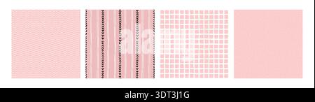 Seamless Pink Grid With Wavy Striped Rustic Textured Lines Love Heart Dot Abstract Vector Background Set Textile Print Collection Coquette Wrapping Paper Stock Vector