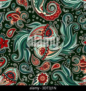 Paisley Vintage Pattern Batik Koi Fish Motif Floral Swirls And Ornament Details In A Decorative Indian Vector Boho Style Stock Vector