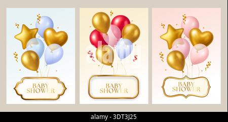 3d Balloon Baby Shower Girl Boy Party Card Set Gift Ball Balloons Vector Invitation Card Realistic Celebration Shape Stock Vector