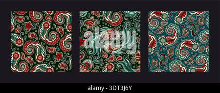 Paisley Vintage Pattern Set Batik Koi Fish Motif Floral Swirls And Ornament Details In A Decorative Indian Vector Boho Style Stock Vector