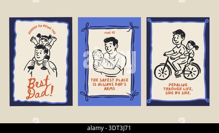 Happy Fathers Day Dad Greeting Doodle Vintage Sketch Card Set. Holiday Vector Chalk Baby Hug, Bicycle Ride Poster From Son Daughter Family Stock Vector