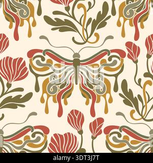 Art Nouveau Butterfly Vintage Pattern Seamless Vector Background Baroque Antique Floral Motif Boho Bohemian Ethnic Flower Ornament Stock Vector