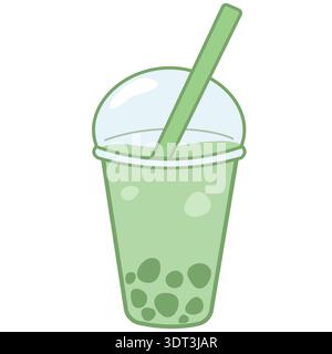 Refreshing matcha green tea bubble tea in a plastic cup with pearls. Minimalist flat vector illustration isolated on white background for menu, cafe d Stock Vector