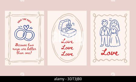 Doodle Wedding Sketch Card Set Love Romantic Hand Drawn Chalk Greeting Banner Vintage Vector Save The Date Rings Bride Diamond Party Event Collection Stock Vector