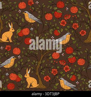 Whimsical Bohemian Boho Garden Seamless Pattern With Rabbit Bird Apple Fruit Tree Blooming Flower And Decorative Vines Stock Vector