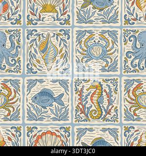 Mediterranean Sea Delft Tiles Seamless Vector Tile Pattern with Seahorse, Octopus, Crabs, Shells and Fish in Handdrawn Vintage Ocean Sketch Stock Vector