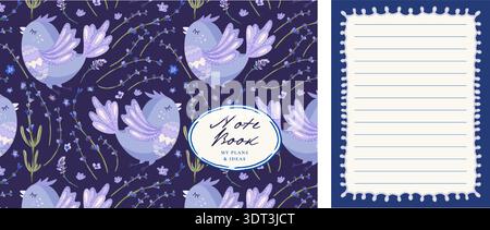 Diary Notebook Journal Cover Vector Set With Lavender Flowers Bird Girly Elegant Dreamy Empty Page Border Stock Vector