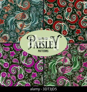 Paisley Vintage Pattern Set Batik Koi Fish Motif Floral Swirls And Ornament Details In A Decorative Indian Vector Boho Style Stock Vector