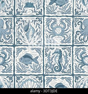 Mediterranean Sea Delft Tiles - Seamless Vector Tile Pattern with Seahorse, Octopus, Crabs, Shells and Fish in Handdrawn Vintage Sketch Ocean Blue Background Stock Vector