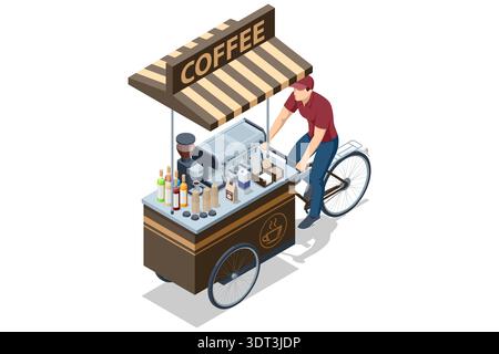 Coffee bike cart. Isometric coffee bike cart with espresso machine and awning. Mobile street cafe concept isolated on white. Stock Vector