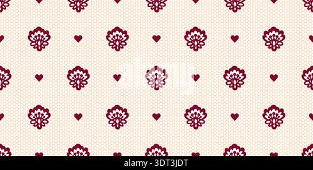 Lace Vintage Flower Heart Seamless Pattern Ornate Coquette Girly Vector Background For Greeting Card And Invitation. Retro Romantic Valentines Guipure Braid Romantic Textile Stock Vector