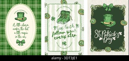 St Patrick Poster Card Set Vector Collection Vintage Handdrawn Plaid Background With Hat boots and coins Stock Vector
