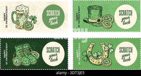 St. Patrick Scratch Ticket Card Tag Label Vector Collection Vintage Handdrawn Beer Mug Coins Shamrock Lucky Promotion Stock Vector