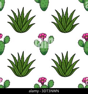 Seamless vector pattern of green cacti and aloe vera plants with pink flowers Stock Vector