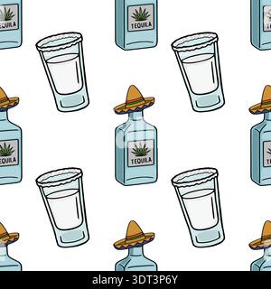 Seamless vector pattern of tequila bottles with sombreros and shot glasses with salt rim Stock Vector
