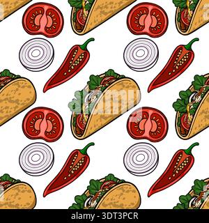 Vibrant vector seamless pattern of tacos, sliced tomatoes, red chili peppers, and onion rings Stock Vector