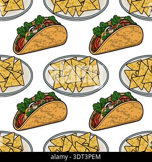 Seamless vector pattern of delicious tacos and crunchy nachos on plates, festive Cinco de Mayo food illustration Stock Vector