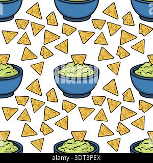 Seamless vector pattern of tortilla chips and creamy guacamole in a blue bowl, festive food illustration Stock Vector