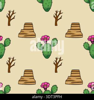 Seamless vector pattern of desert landscape with cacti and rock formations Stock Vector