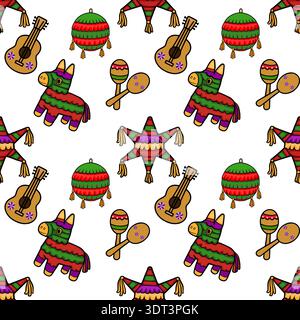 Festive Cinco de Mayo vector pattern with pinatas, guitars, and maracas on a white background. Stock Vector