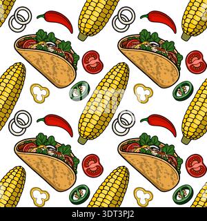 Festive vector pattern with tacos, corn, chili peppers, and fresh vegetables Stock Vector
