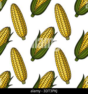 Seamless vector pattern of ripe yellow corn cobs with green husks on a white background. Stock Vector