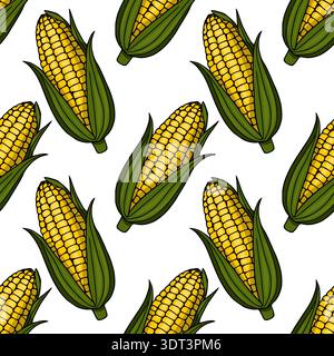 Seamless vector pattern of fresh yellow corn cobs with green husks, isolated on white background. Stock Vector
