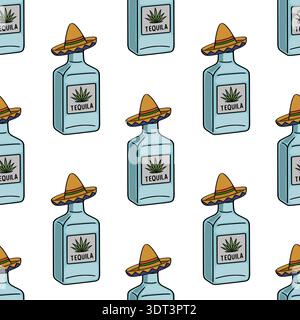 Seamless vector pattern of blue tequila bottles with agave labels wearing festive sombreros, perfect for Cinco de Mayo celebrations and Mexican-themed Stock Vector