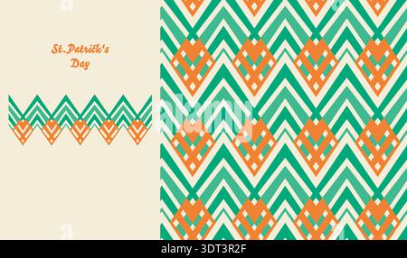Irish heart symbol, chevron ornament seamless pattern and pattern brush straight line border Set. Traditional tricolour concept colour. St. Patrick's Stock Vector