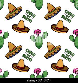 Seamless vector pattern of sombreros, cacti with pink flowers, and "Cinco de Mayo" text Stock Vector