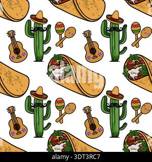 Festive vector pattern of Mexican elements including burritos, cacti with sombreros and mustaches, guitars, and maracas. Stock Vector