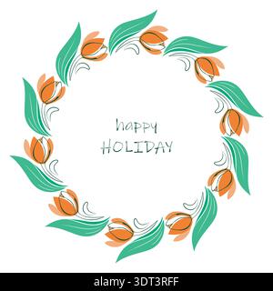 Tulip floral leaves branch Frame, outline circle, flower wreath, doodle cartoon art style design border. Hand drawn black sketch blob brush stroke Stock Vector