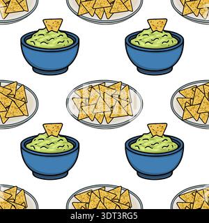 Seamless vector pattern of crispy tortilla chips with creamy guacamole in blue bowls and on plates Stock Vector