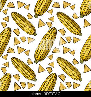 Seamless vector pattern of fresh corn cobs and crunchy tortilla chips Stock Vector