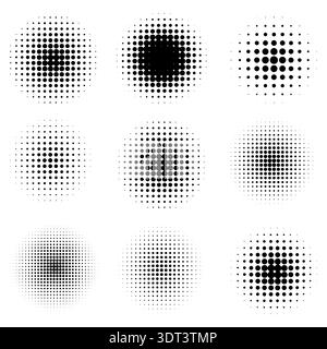 Halftone circles set. Abstract radial dot gradient elements. Modern geometric design elements featuring varying density and scale. For posters vector. Stock Vector