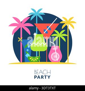 Flat geometric vector illustration of beach nightlife party. Dark blue evening background with colorful cocktail glasses and palm trees. Decorative la Stock Vector