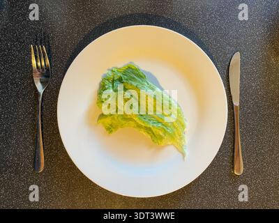 Single lettuce leaf on an empty white plate with fork and knife, symbolizing Lent fasting, diet, healthy eating, or minimalism. Stock Photo