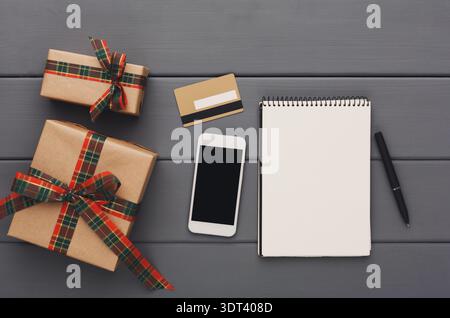 Creative Set of Presents and Tools for Planning Gift Purchases During the Holiday Season Stock Photo