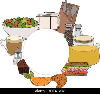 Fast food circular Frame template circle Cafe hand drawn illustration. Vector graphic line ink art. background for banners, print for fabric, labels, Stock Vector