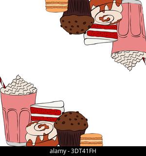 Coffee tea sweets bakery desert Frame template square Cafe hand drawn illustration. Vector graphic line ink art. For poster, invitation, backdrop, ad, Stock Vector