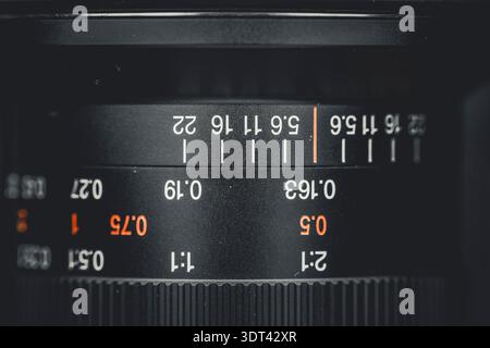 Macro view of camera lens focusing and aperture scale showing f-stop and distance markings Stock Photo