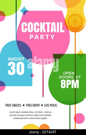 Cocktail party vertical poster or banner background. Multicolor transparent glasses frames for text. Vector geometric design elements for flyer bar ev Stock Vector
