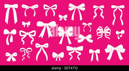 Set of pink, red and white bows, gift ribbons. Handwriting and hand drawn ribbon, ties, ribbons, and hair bows. Flat style Ideal for cards, packaging Stock Vector