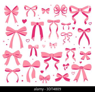 Set of pink, red and white bows, gift ribbons. Handwriting and hand drawn ribbon, ties, ribbons, and hair bows. Flat style Ideal for cards, packaging Stock Vector