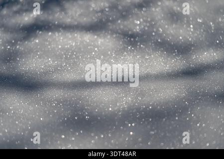 Sparkling snow surface with soft shadows, glittering ice crystals, shallow depth of field, cold tranquil morning mood, subtle bokeh highlights Stock Photo