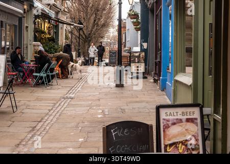 Title LONDON - 15 DECEMBER 2025: Flask Walk Hampstead – Colorful Village Shops and Pedestrians on Cobbled Lane Stock Photo