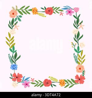 Colorful floral border illustration with various flowers and leaves on a light pink background Stock Vector