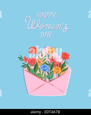 Colorful floral arrangement in pink envelope with text for Women's Day celebration Stock Vector