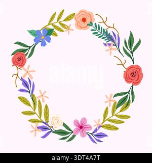 Floral wreath illustration featuring colorful flowers and green leaves on a light pink background Stock Vector